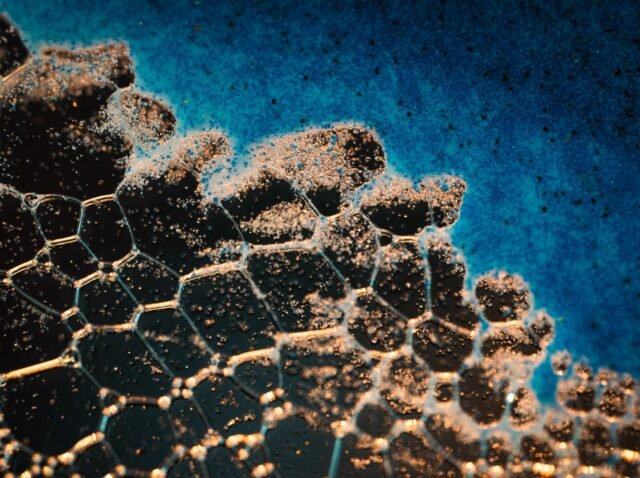 Intricate close-up of soap bubbles creating abstract patterns on a blue background.